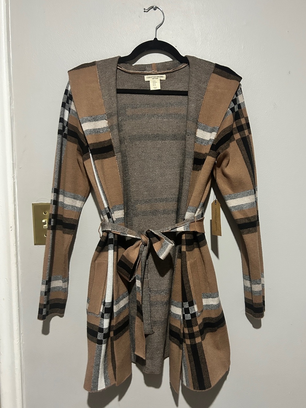 Christian Siriano Camel Plaid Hooded Belted Cardigan